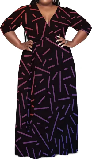 Women's Plus Size Maxi Dress African Art Pattern Print Flowing Dress Summer Sexy V Neck 3/4 Sleeve Dress with Belt