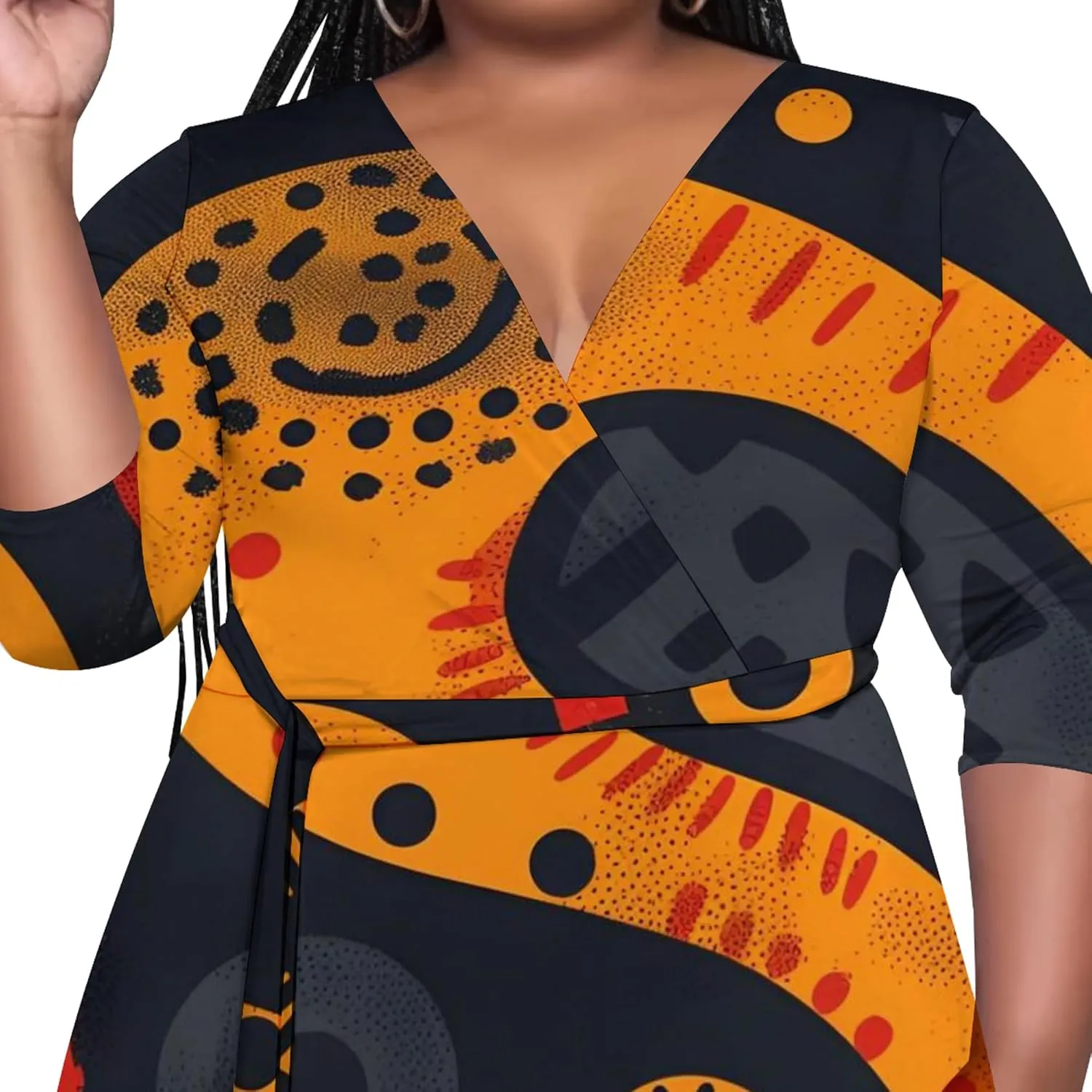 Women's Plus Size Maxi Dress African Art Pattern Print Flowing Dress Summer Sexy V Neck 3/4 Sleeve Dress with Belt