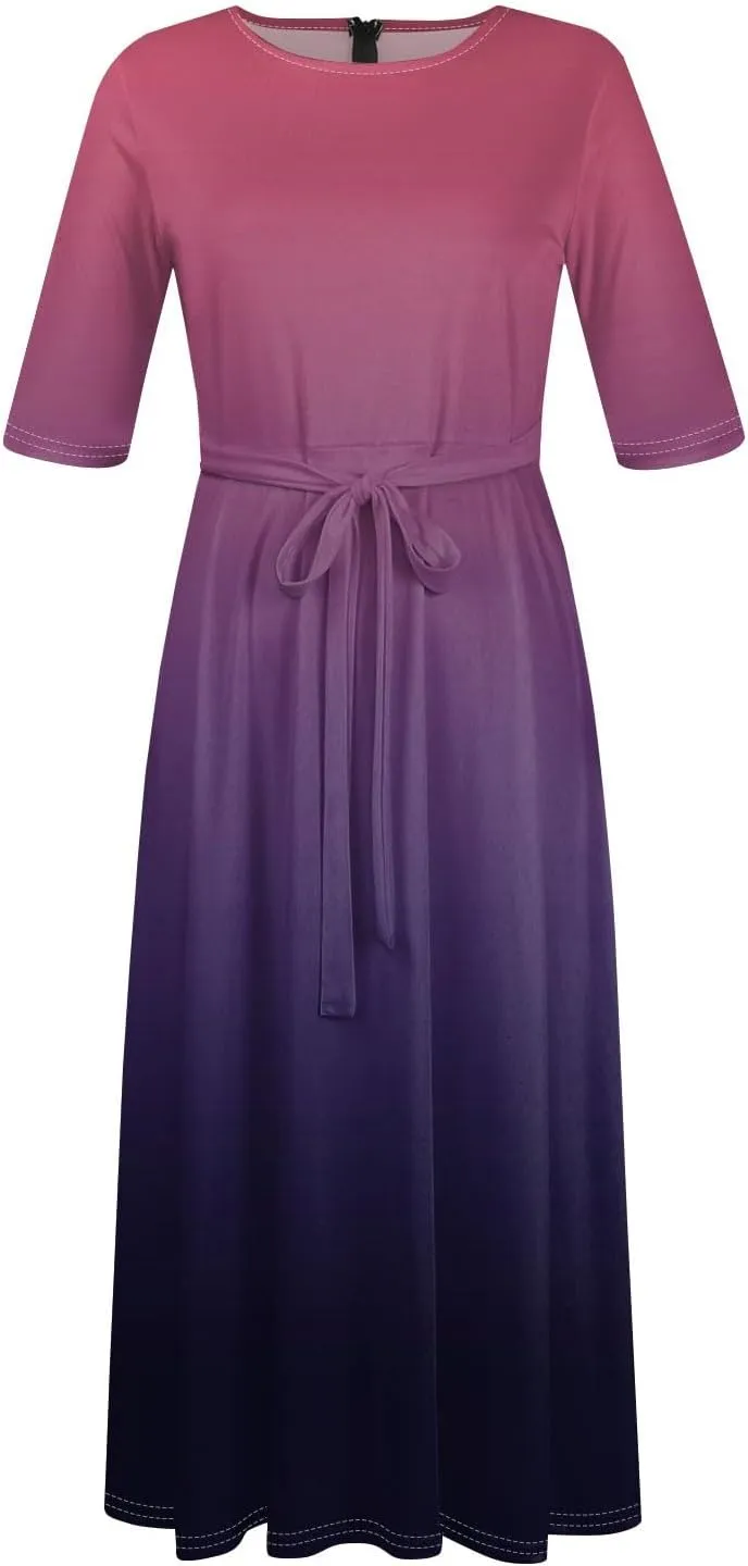Women's Plus Size Outfits Solid Color Crew Neck 3/4 Sleeve Smocked Straps Big Hem Swing Maxi Dresses Casual, XL-5XL
