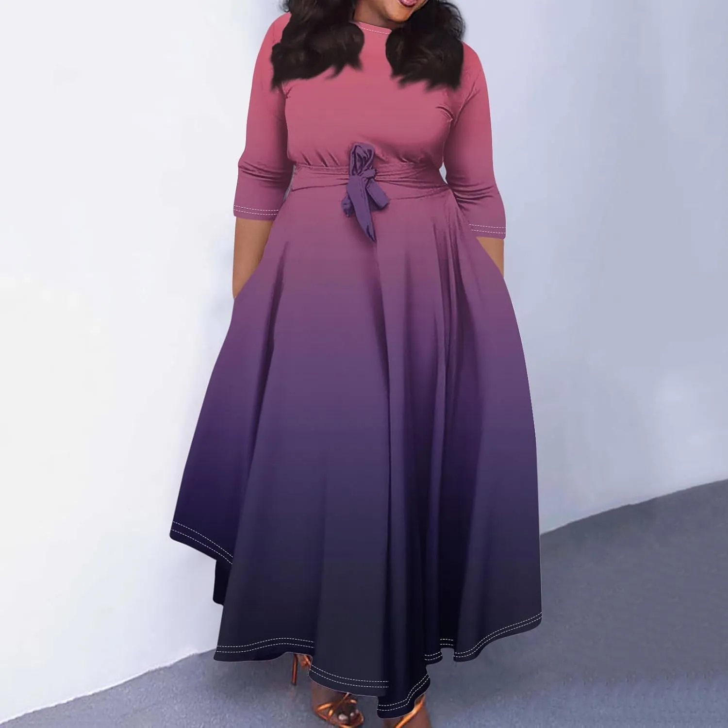 Women's Plus Size Outfits Solid Color Crew Neck 3/4 Sleeve Smocked Straps Big Hem Swing Maxi Dresses Casual, XL-5XL