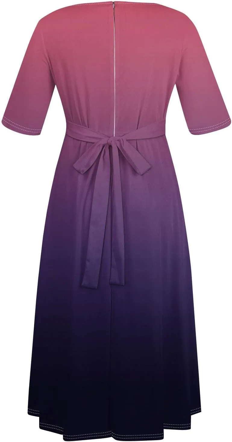 Women's Plus Size Outfits Solid Color Crew Neck 3/4 Sleeve Smocked Straps Big Hem Swing Maxi Dresses Casual, XL-5XL