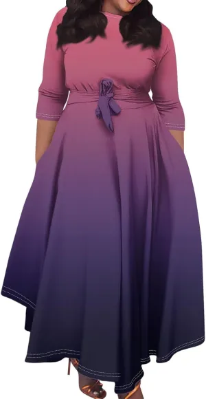 Women's Plus Size Outfits Solid Color Crew Neck 3/4 Sleeve Smocked Straps Big Hem Swing Maxi Dresses Casual, XL-5XL