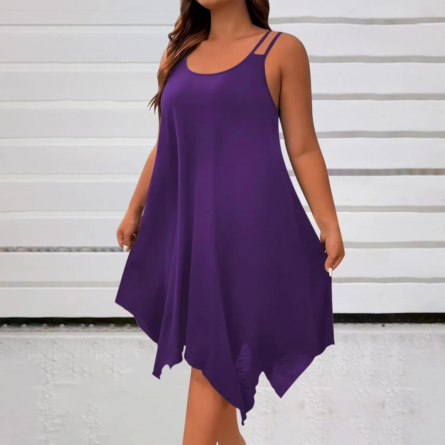 Women's Plus Size Sleeveless Cami Dress Casual Scoop Neck Spaghetti Strap Sundress Irregular Hem Flowy Midi Dress