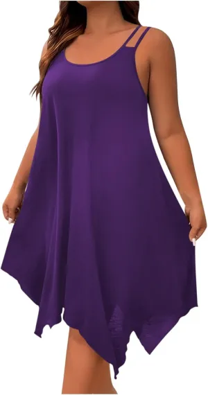 Women's Plus Size Sleeveless Cami Dress Casual Scoop Neck Spaghetti Strap Sundress Irregular Hem Flowy Midi Dress