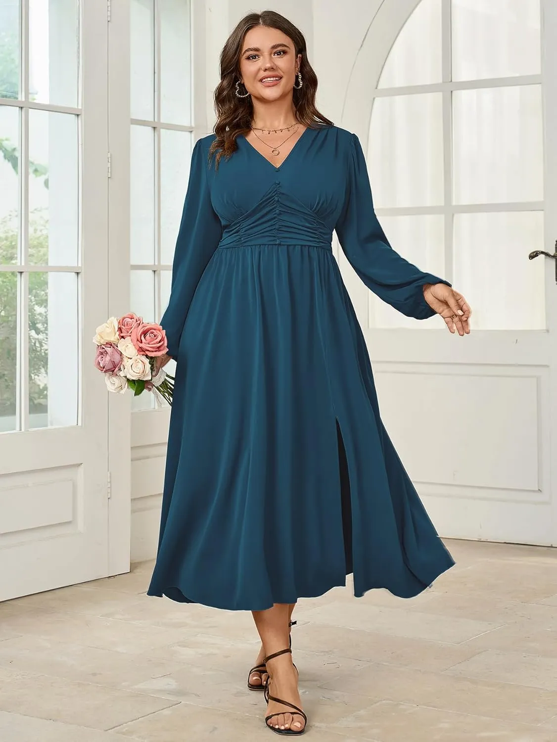 Womens Plus Size Wedding Guest Cocktail Maxi Dress Long Sleeve Elastic Waist V-Neck A-Line Side Slit Flowy Dresses