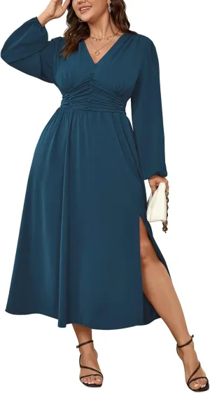Womens Plus Size Wedding Guest Cocktail Maxi Dress Long Sleeve Elastic Waist V-Neck A-Line Side Slit Flowy Dresses