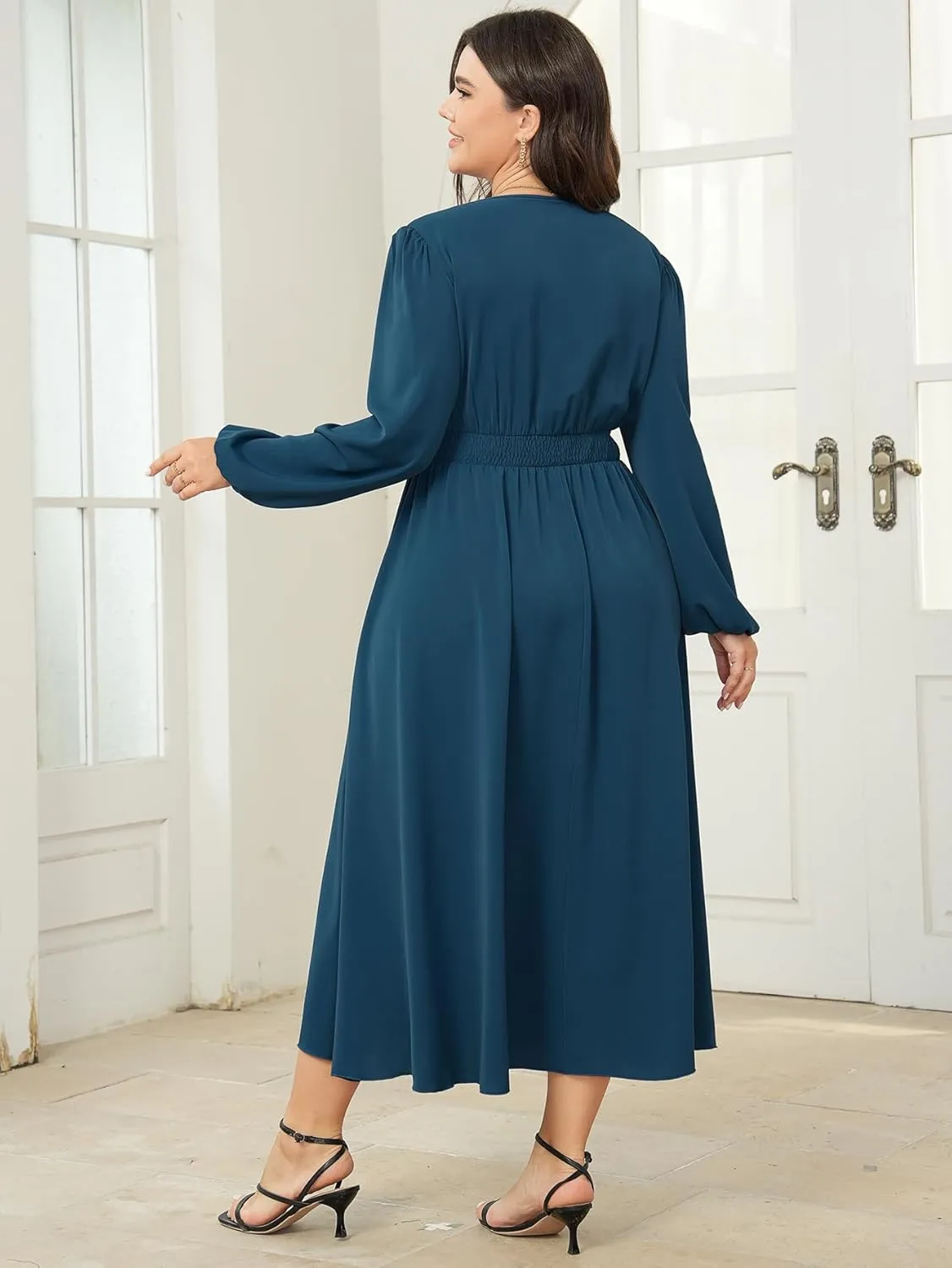 Womens Plus Size Wedding Guest Cocktail Maxi Dress Long Sleeve Elastic Waist V-Neck A-Line Side Slit Flowy Dresses