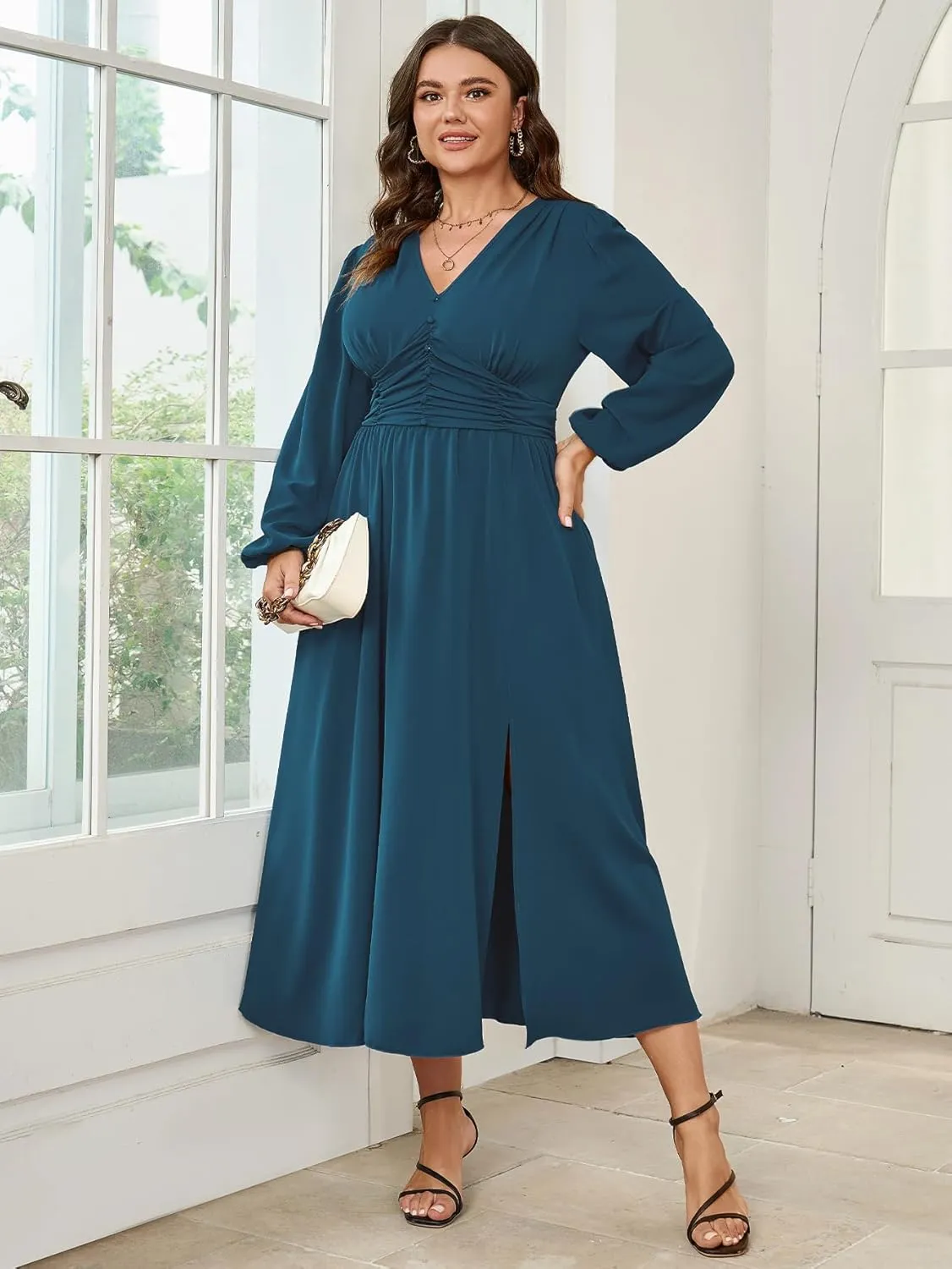 Womens Plus Size Wedding Guest Cocktail Maxi Dress Long Sleeve Elastic Waist V-Neck A-Line Side Slit Flowy Dresses