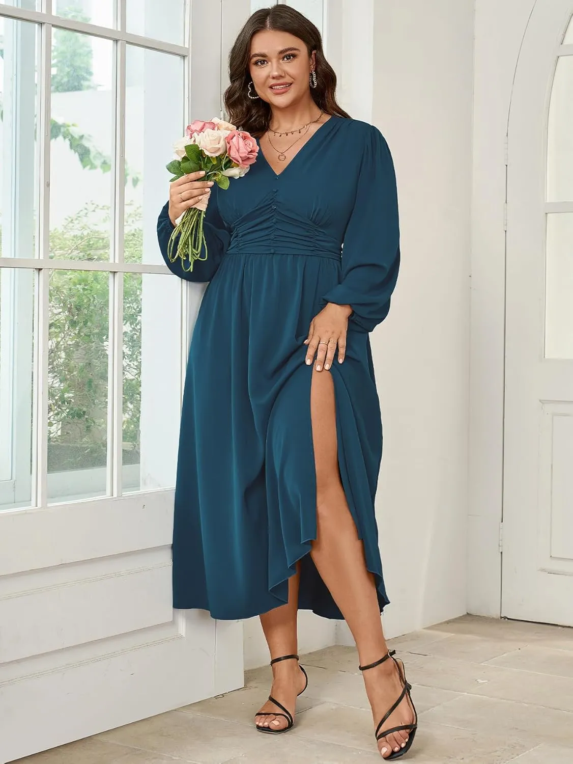 Womens Plus Size Wedding Guest Cocktail Maxi Dress Long Sleeve Elastic Waist V-Neck A-Line Side Slit Flowy Dresses