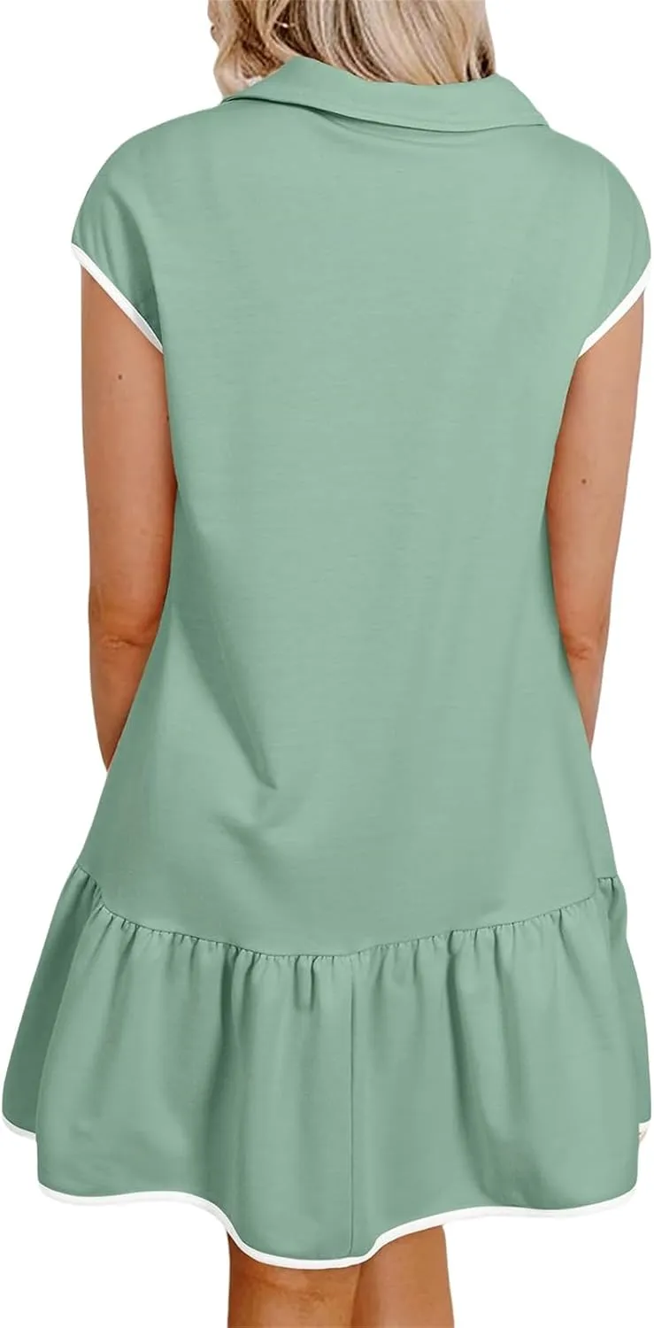 Women's Polo Dresses Cap Sleeve Half Zip Mini Dress Fashion Color Block Tshirts Dress Ruffle Hem Dresses