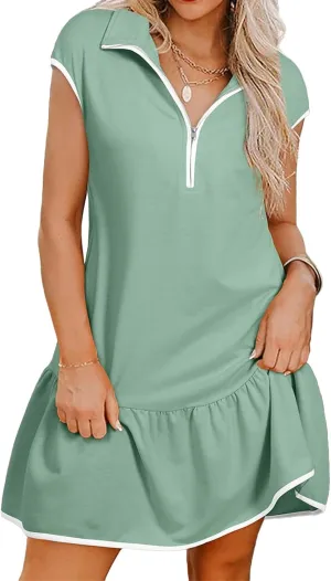 Women's Polo Dresses Cap Sleeve Half Zip Mini Dress Fashion Color Block Tshirts Dress Ruffle Hem Dresses