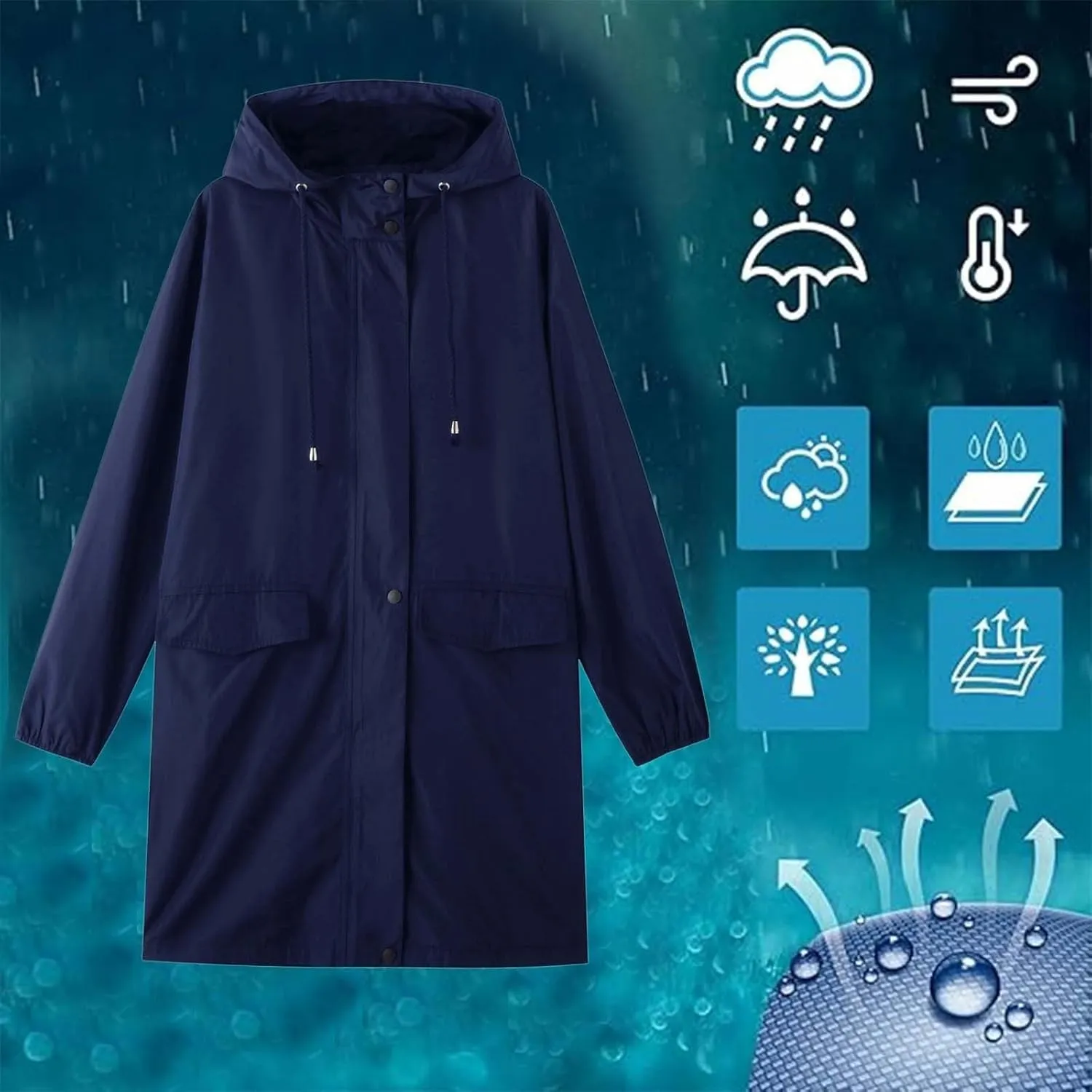 Women's Raincoats Waterproof Lightweight Raincoat with Hood Outdoor Windbreaker Rain Jacket Adjustable Waist