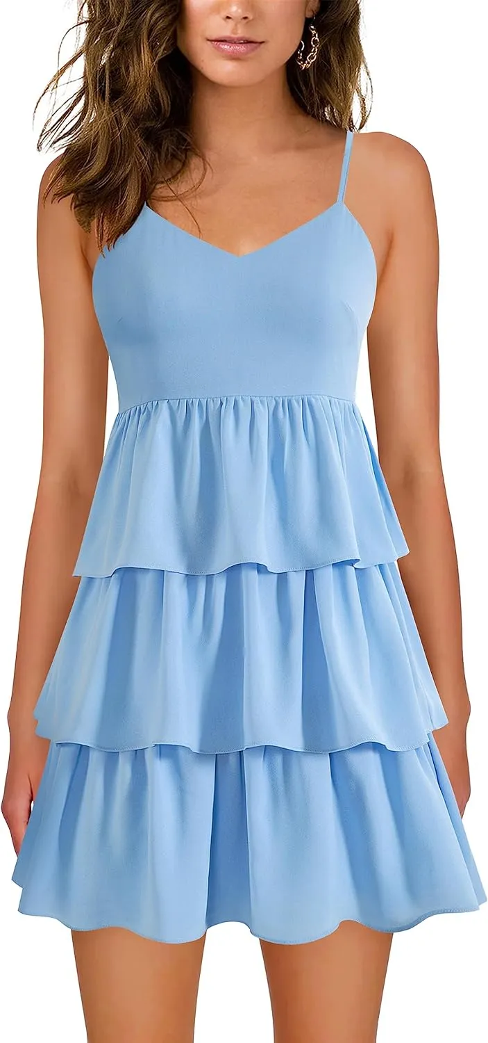 Womens Sexy V Neck Summer Dress Adjustable Spaghetti Strap Sleeveless Flowy Mini Short Dresses