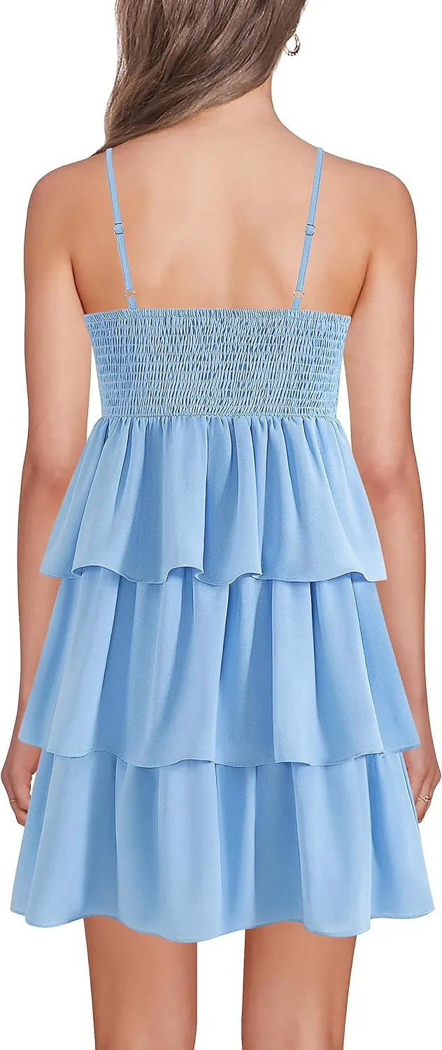 Womens Sexy V Neck Summer Dress Adjustable Spaghetti Strap Sleeveless Flowy Mini Short Dresses