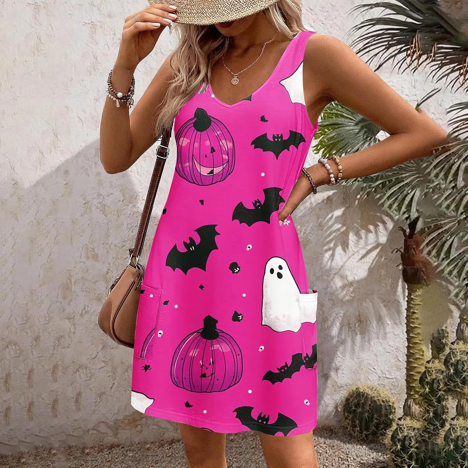 Women's Sleeveless Halloween Mini Dress Crew Neck Pumpkins Ghost Printing Cute Fashion Casual Dresses