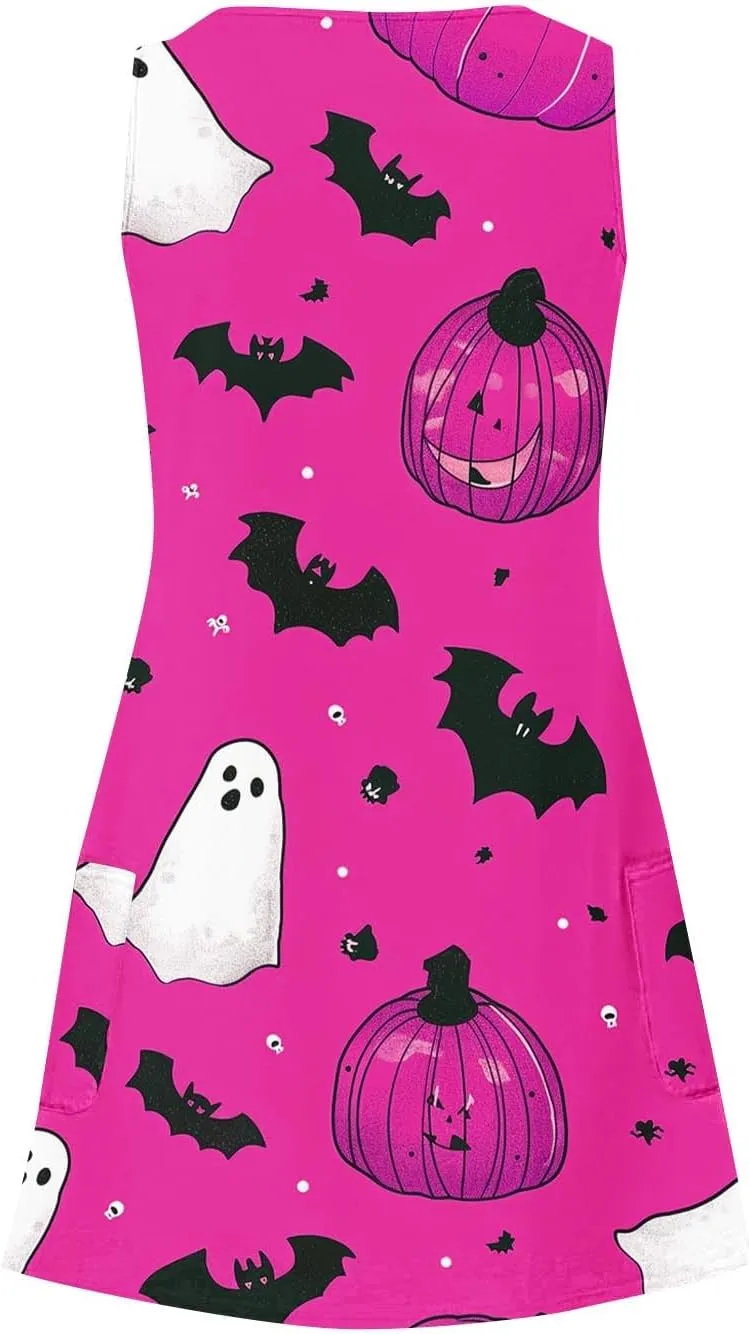 Women's Sleeveless Halloween Mini Dress Crew Neck Pumpkins Ghost Printing Cute Fashion Casual Dresses