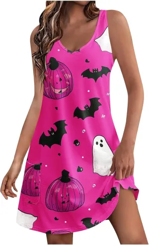 Women's Sleeveless Halloween Mini Dress Crew Neck Pumpkins Ghost Printing Cute Fashion Casual Dresses