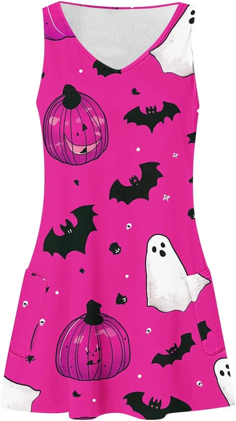 Women's Sleeveless Halloween Mini Dress Crew Neck Pumpkins Ghost Printing Cute Fashion Casual Dresses