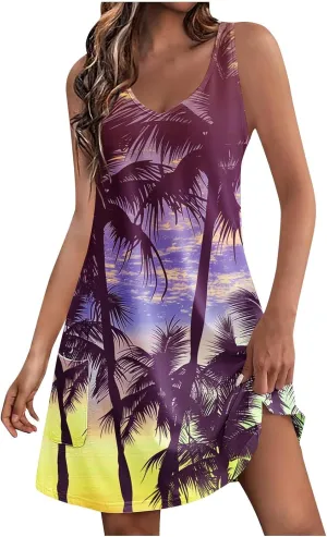 Women's Sleeveless Mini Tank Dress Casual Summer Beach Sun Dresses Loose V Neck T-Shirt Dress Sundress with Pocket