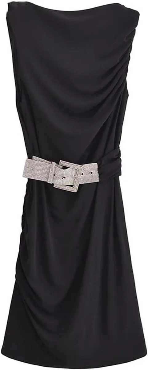 Women's Slim Fit Dress Waistband Short Skirt Sleeveless Pleated Midi Party Dress