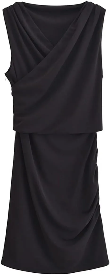 Women's Slim Fit Dress Waistband Short Skirt Sleeveless Pleated Midi Party Dress
