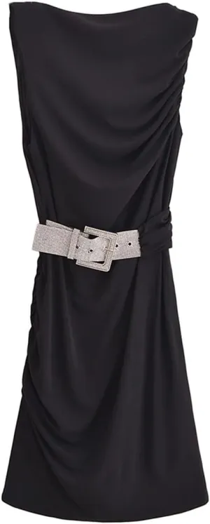 Women's Slim Fit Dress Waistband Short Skirt Sleeveless Pleated Midi Party Dress