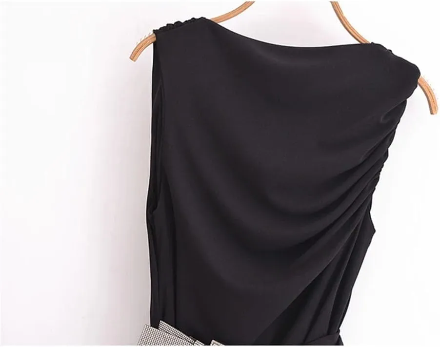 Women's Slim Fit Dress Waistband Short Skirt Sleeveless Pleated Midi Party Dress