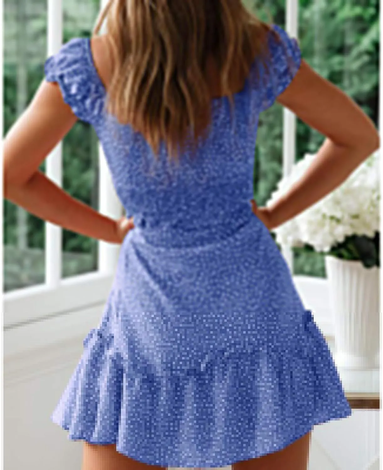 Womens Smocked Dress Summer Boho Floral Square Neck Short Sleeve Ruffle Mini Dress Casual Beach Vacation Dresses