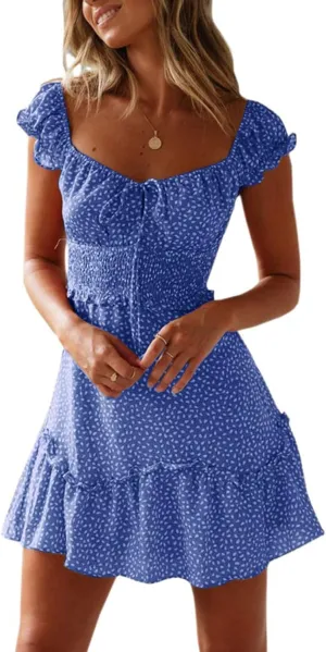 Womens Smocked Dress Summer Boho Floral Square Neck Short Sleeve Ruffle Mini Dress Casual Beach Vacation Dresses