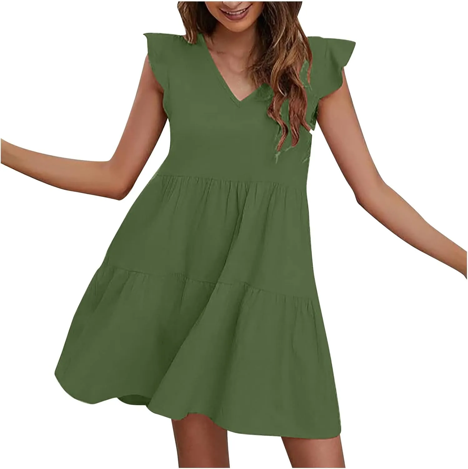 Women's Solid Casual Mini Dresses Short Ruffle Sleeve V Neck Pleated Dresses A-Lined Ruched Trendy Flowy Dress