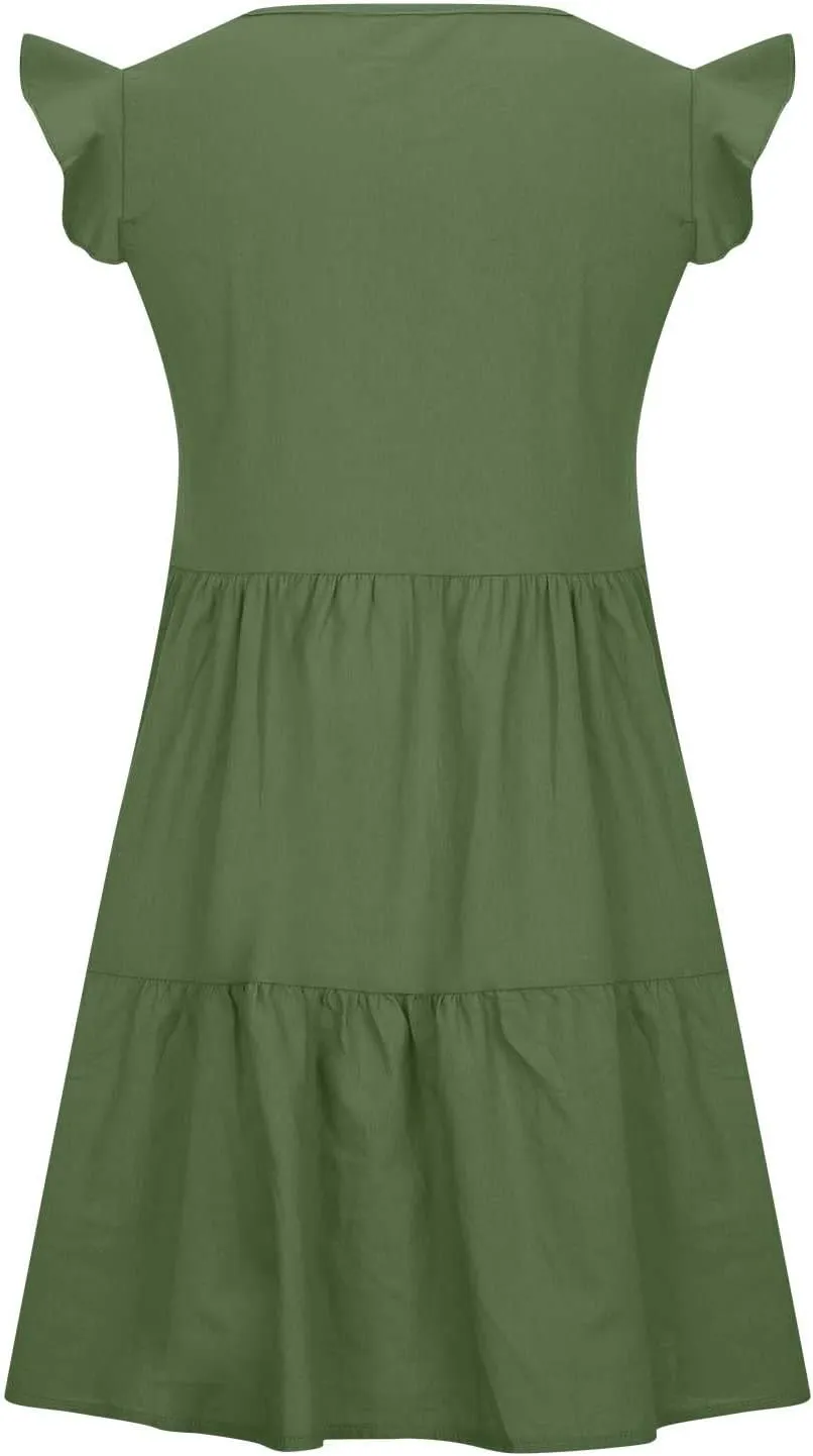 Women's Solid Casual Mini Dresses Short Ruffle Sleeve V Neck Pleated Dresses A-Lined Ruched Trendy Flowy Dress