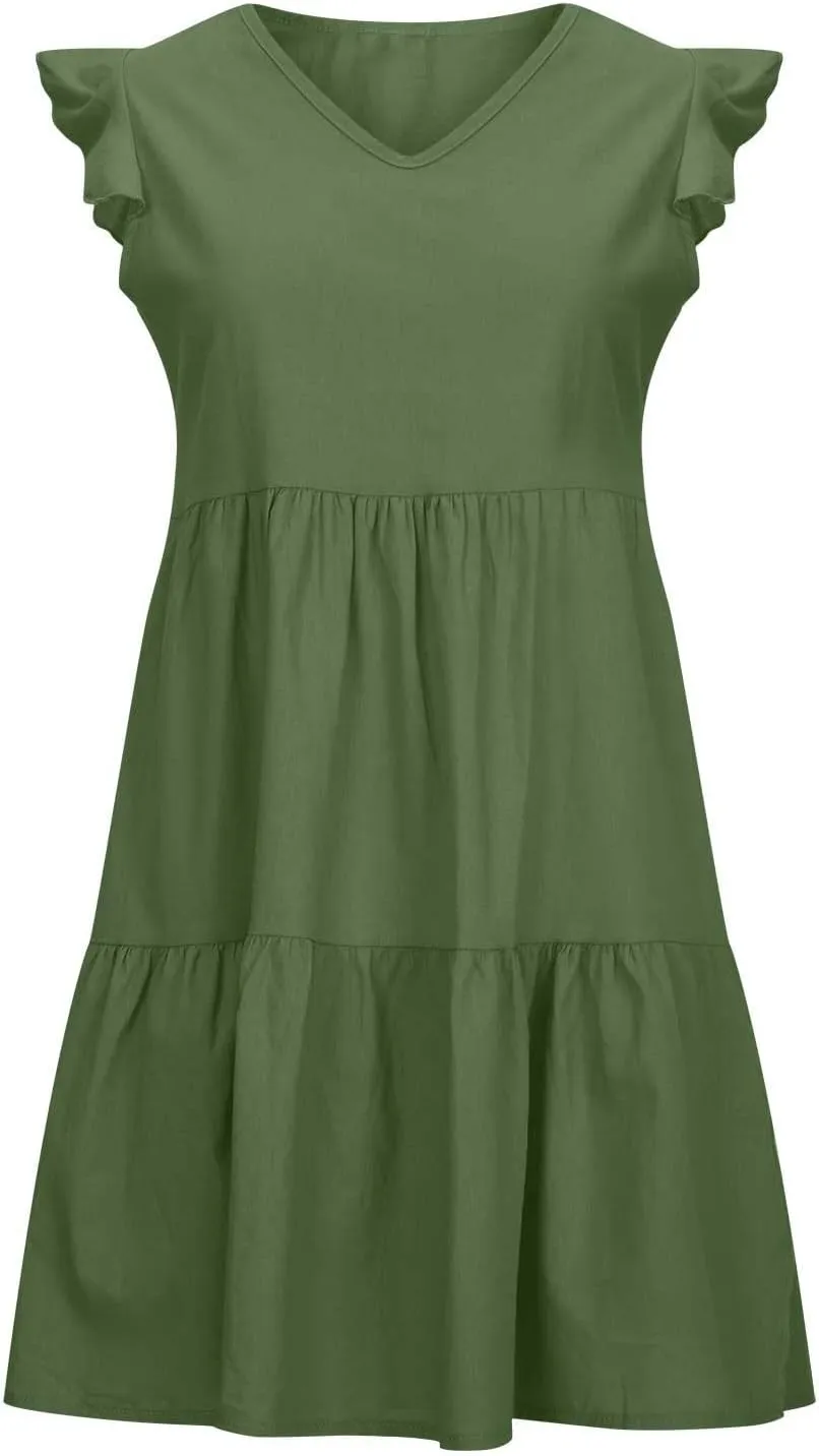 Women's Solid Casual Mini Dresses Short Ruffle Sleeve V Neck Pleated Dresses A-Lined Ruched Trendy Flowy Dress