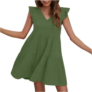 Women's Solid Casual Mini Dresses Short Ruffle Sleeve V Neck Pleated Dresses A-Lined Ruched Trendy Flowy Dress