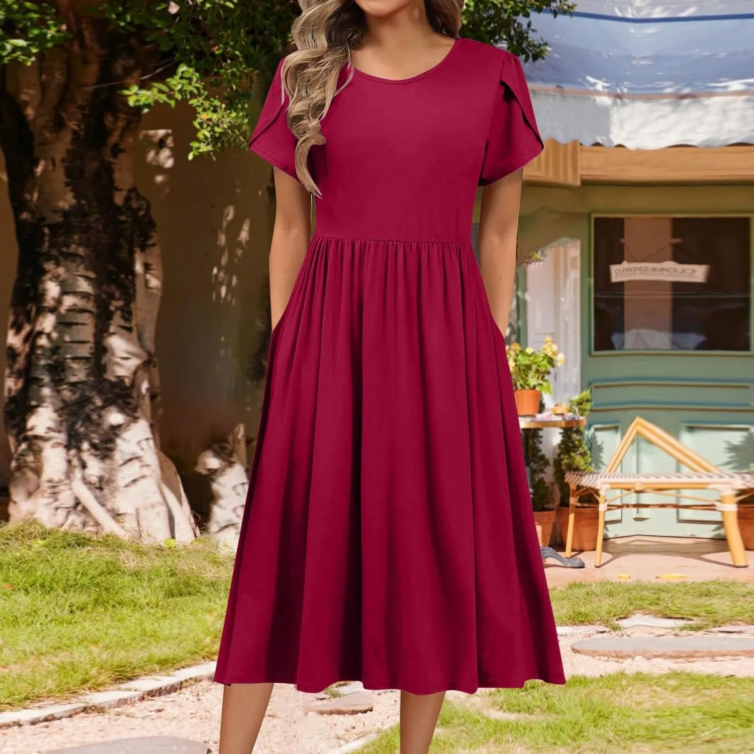 Womens Solid Color Short Sleeved Midi Dress Loose Casual Dresses Swing T-Shirt Dresses with Pockets Everyday Dress