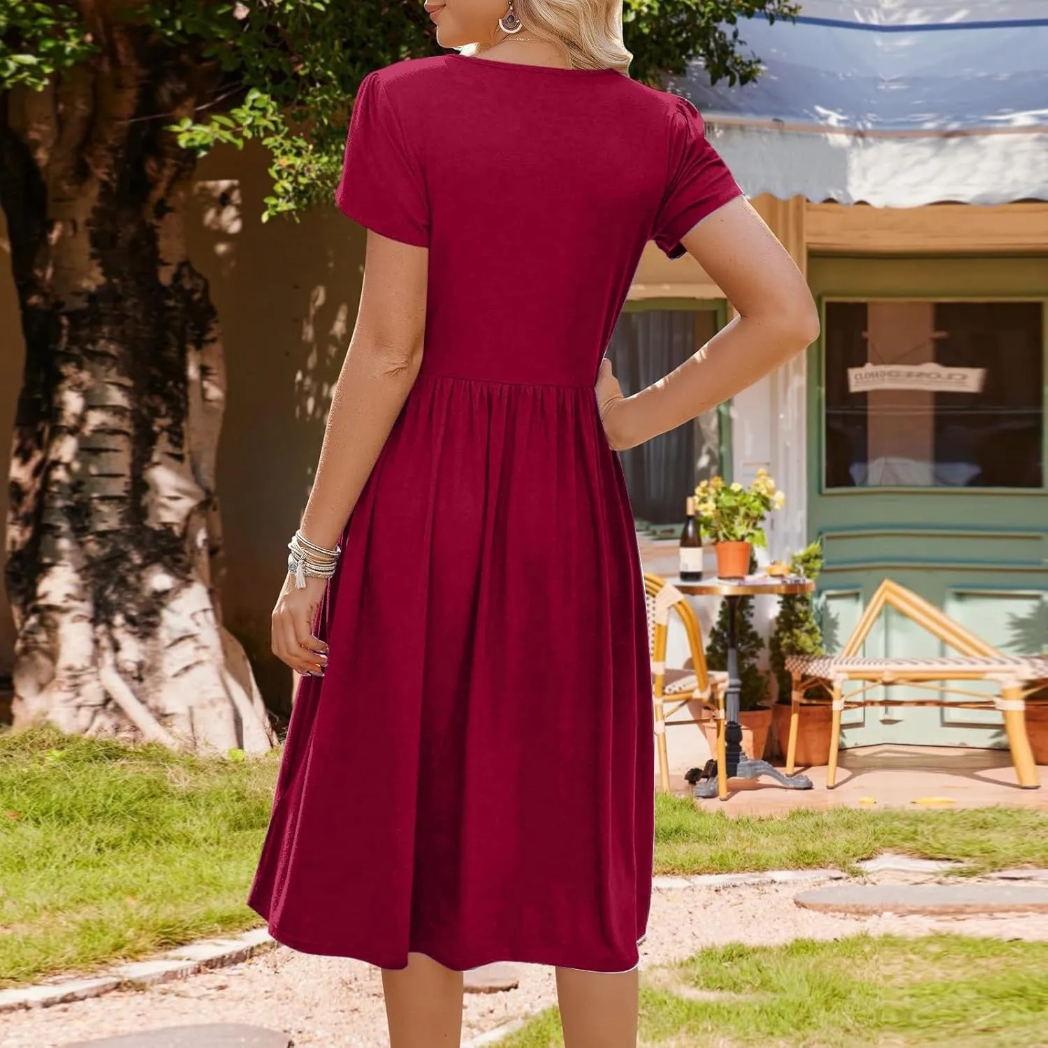 Womens Solid Color Short Sleeved Midi Dress Loose Casual Dresses Swing T-Shirt Dresses with Pockets Everyday Dress
