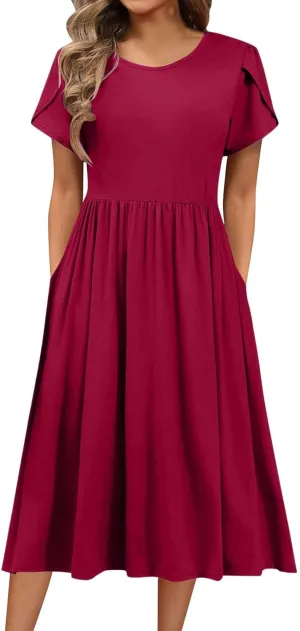 Womens Solid Color Short Sleeved Midi Dress Loose Casual Dresses Swing T-Shirt Dresses with Pockets Everyday Dress