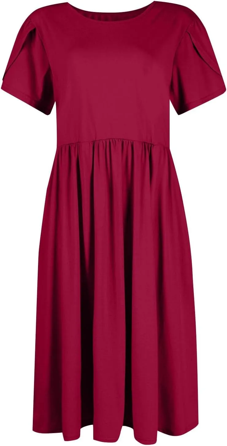 Womens Solid Color Short Sleeved Midi Dress Loose Casual Dresses Swing T-Shirt Dresses with Pockets Everyday Dress