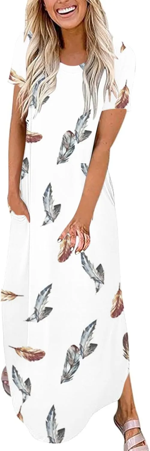 Womens Split Boho Floral Maxi Dresses Short Sleeve Casual Pocket Long Dress 2025 Summer Loose Flowy Beach Sundress