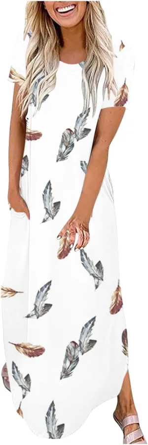 Womens Split Boho Floral Maxi Dresses Short Sleeve Casual Pocket Long Dress 2025 Summer Loose Flowy Beach Sundress