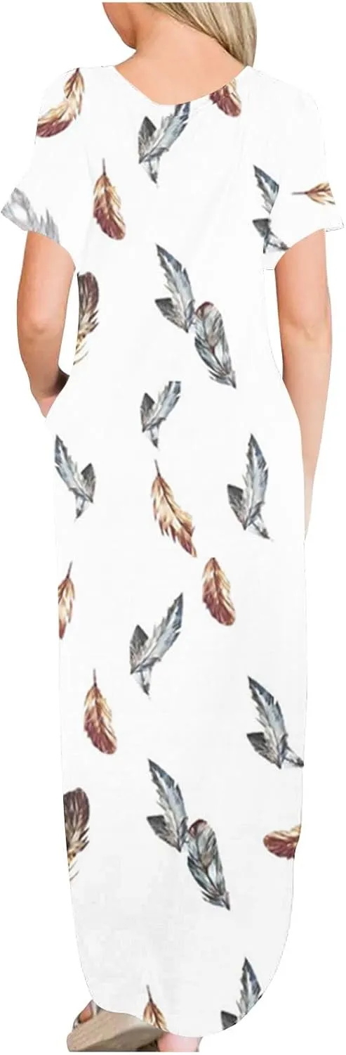 Womens Split Boho Floral Maxi Dresses Short Sleeve Casual Pocket Long Dress 2025 Summer Loose Flowy Beach Sundress