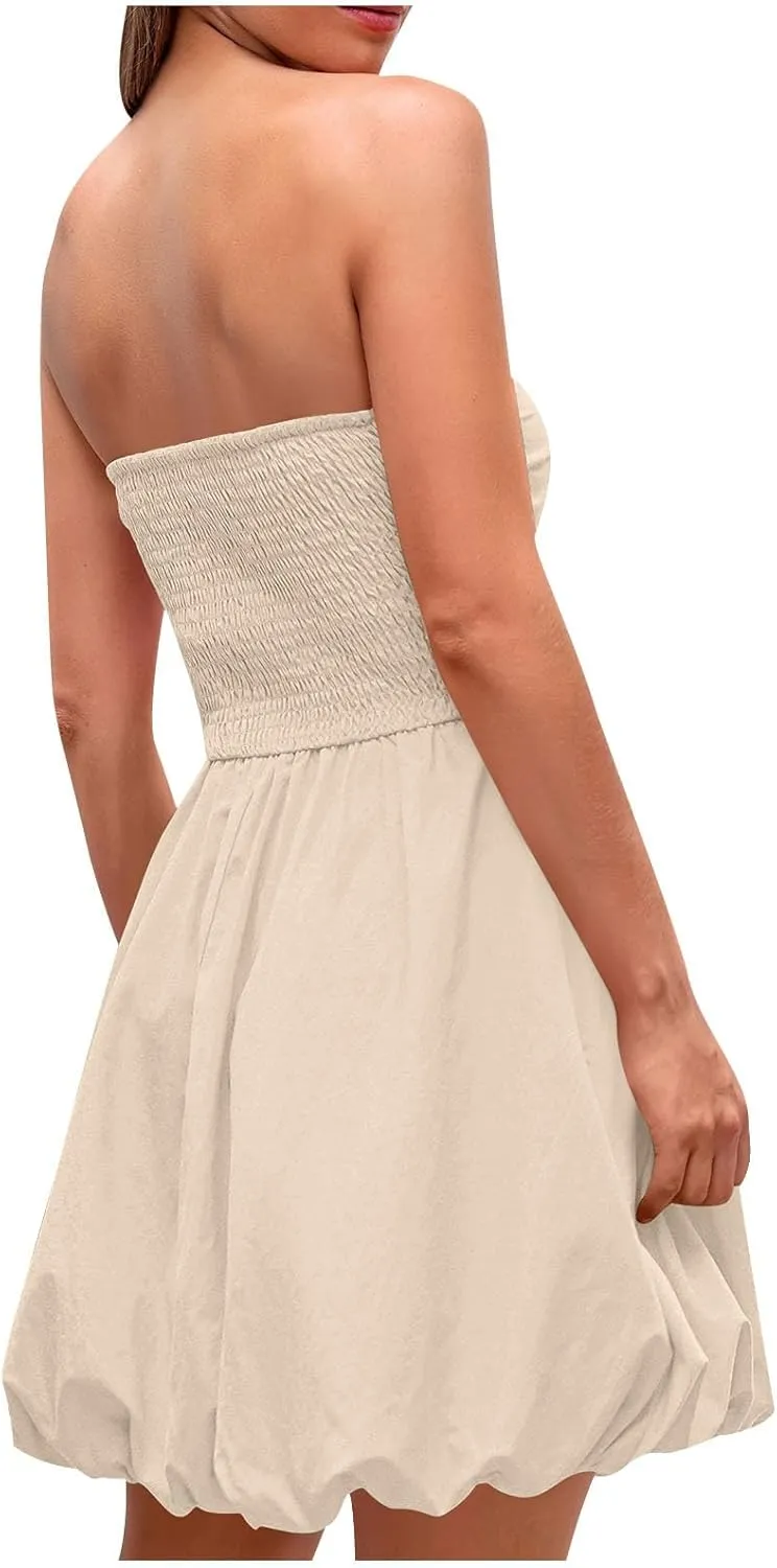 Women's Strapless Tube Top Beach Mini Dress Summer Sleeveless Smocked A Line Dresses Ruffle Beach Vacation Sundress