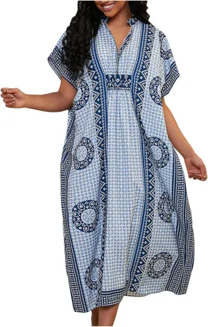 Womens Summer Beach Cover Up Swimsuit Cotton Short Cap Sleeve V Neck Bathing Suit Swimwear Vintage Boho Maxi Dresses