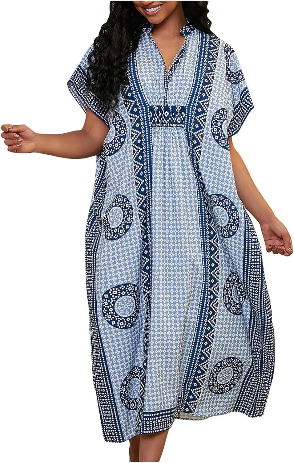 Womens Summer Beach Cover Up Swimsuit Cotton Short Cap Sleeve V Neck Bathing Suit Swimwear Vintage Boho Maxi Dresses