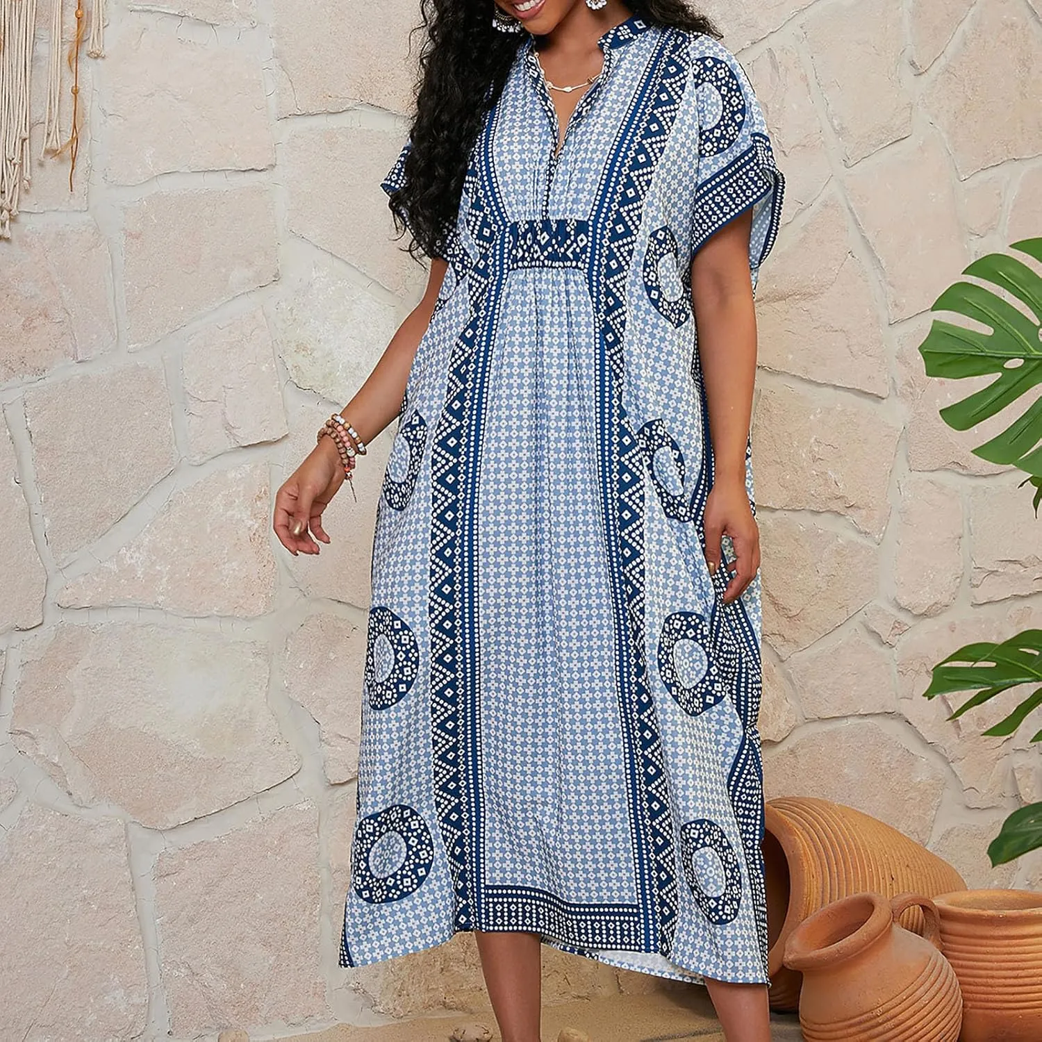 Womens Summer Beach Cover Up Swimsuit Cotton Short Cap Sleeve V Neck Bathing Suit Swimwear Vintage Boho Maxi Dresses