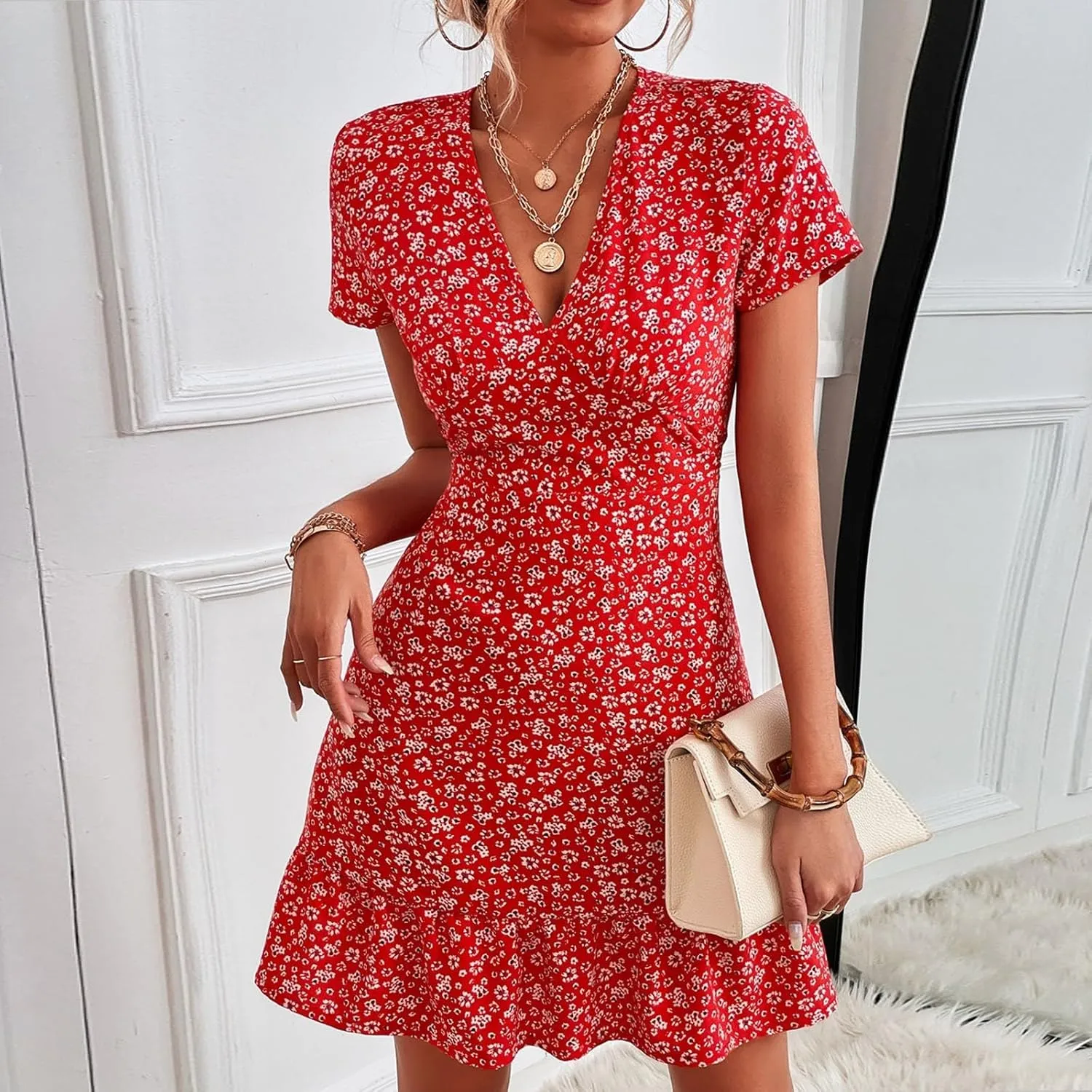 Women's Summer Casual Floral Print Boho Dress 2024 V-Neck Short Sleeve Maxi Dresses, S-5XL