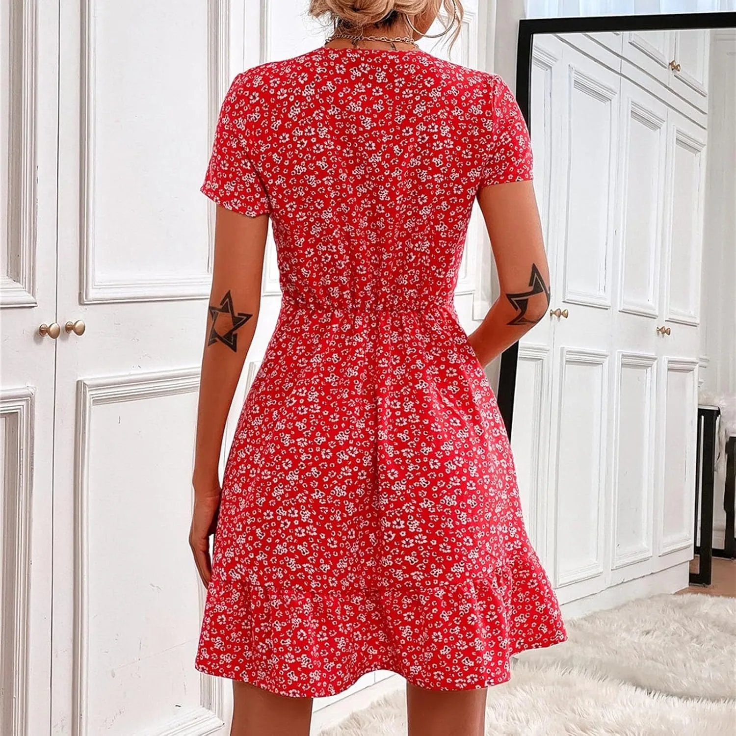 Women's Summer Casual Floral Print Boho Dress 2024 V-Neck Short Sleeve Maxi Dresses, S-5XL