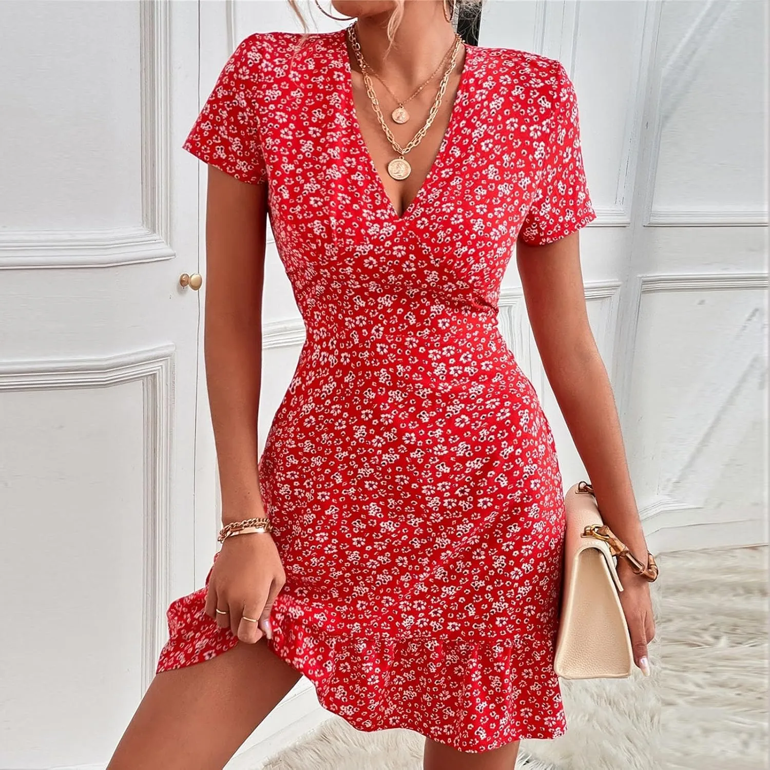 Women's Summer Casual Floral Print Boho Dress 2024 V-Neck Short Sleeve Maxi Dresses, S-5XL