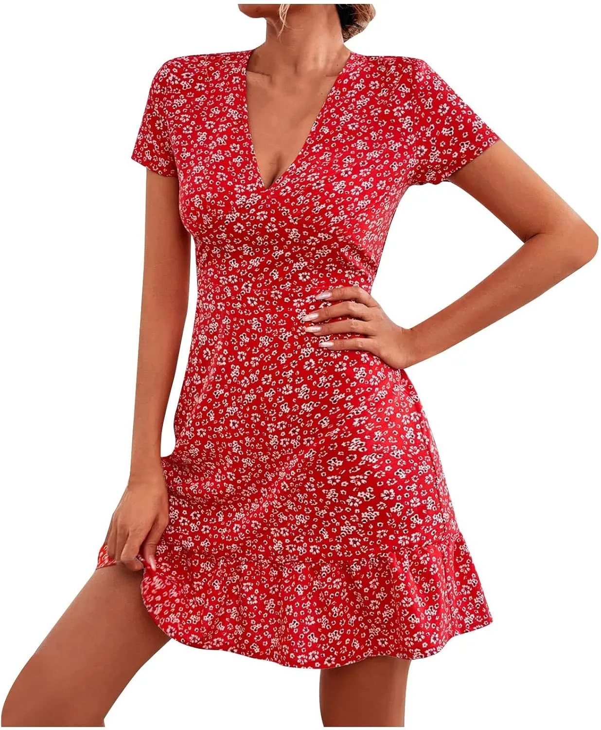Women's Summer Casual Floral Print Boho Dress 2024 V-Neck Short Sleeve Maxi Dresses, S-5XL