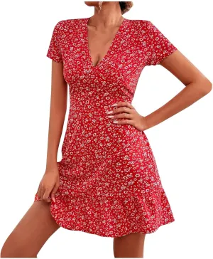 Women's Summer Casual Floral Print Boho Dress 2024 V-Neck Short Sleeve Maxi Dresses, S-5XL