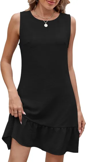 Womens Summer Casual Tank Dress Sleeveless Crewneck T Shirt Sundresses Flowy Ruffle Swing Beach Vacation Mini Dresses